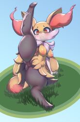 Rule 34 | 1girl, :&lt;, animal ear fluff, animal ears, animal nose, arm support, black fur, blush, body fur, braixen, breasts, cleft of venus, closed mouth, creatures (company), female focus, fox ears, fox girl, fox tail, full body, furry, furry female, game freak, gen 6 pokemon, gluteal fold, grass, highres, hitmanatee, leg up, looking at viewer, lying, medium breasts, multicolored fur, navel, neck fur, nintendo, nipples, on ground, on side, outdoors, pokemon, pokemon (creature), presenting, pussy, raised eyebrows, red eyes, shiny skin, snout, solo, spread legs, stomach, tail, thick thighs, thighs, uncensored, white fur, wide-eyed, yellow fur