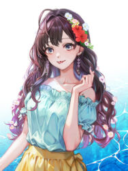 Rule 34 | 1girl, :p, ahoge, bare shoulders, blue eyes, blue shirt, brown hair, caustics, earrings, flower, hair flower, hair ornament, hibiscus, ichinose shiki, idolmaster, idolmaster cinderella girls, idolmaster cinderella girls starlight stage, jewelry, long hair, looking at viewer, off-shoulder shirt, off shoulder, shirt, skirt, smile, solo, tongue, tongue out, upper body, water, yellow skirt, ykcocoro game