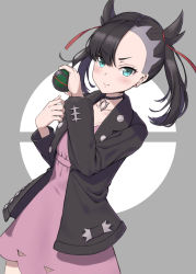 Rule 34 | &gt;:), 1girl, absurdres, asymmetrical bangs, black choker, black jacket, blush, choker, closed mouth, collarbone, commentary request, cowboy shot, creatures (company), dress, dusk ball, earrings, game freak, grey background, hair ribbon, highres, holding, holding poke ball, irise, jacket, jewelry, long sleeves, looking at viewer, marnie (pokemon), nintendo, open clothes, open jacket, pink dress, poke ball, pokemon, pokemon swsh, red ribbon, ribbon, short hair, short twintails, solo, stud earrings, twintails, two-tone background, v-shaped eyebrows