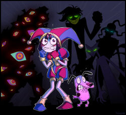 Rule 34 | 1boy, 1girl, animal ears, cartoon network, cleavage cutout, clenched teeth, clothing cutout, commentary, courage (character), courage the cowardly dog, creature, crossover, dog, english commentary, evil eyes, full body, glitch productions, gloves, glowing, glowing eyes, green eyes, grin, hat, heterochromia, highres, jester, jester cap, looking at another, monster, multiple boys, pomni (the amazing digital circus), scared, smile, sweat, teeth, the amazing digital circus, theinkyway, trait connection