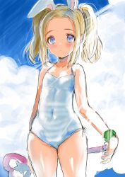 Rule 34 | 1girl, animal ears, arm behind back, blonde hair, blue eyes, rabbit ears, casual one-piece swimsuit, cloud, covered navel, day, elin, emily (pure dream), flat chest, highres, long hair, one-piece swimsuit, outdoors, scrunchie, sketch, sky, solo, swimsuit, tera online, twintails, wand, white one-piece swimsuit, wrist scrunchie