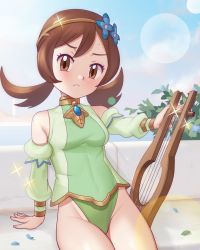 Rule 34 | 1girl, adapted costume, arm support, bare shoulders, blue flower, blush, breasts, brown eyes, brown hair, closed mouth, commentary request, creatures (company), day, eyelashes, flower, frown, game freak, gazing eye, green vest, hair flower, hair ornament, hairband, highres, holding, holding instrument, instrument, lens flare, long hair, looking at viewer, lyra (pokemon), lyra (sygna suit) (pokemon), nintendo, outdoors, pokemon, pokemon masters ex, sitting, sky, solo, sparkle, twintails, vest, yellow hairband
