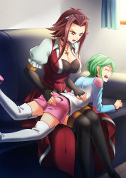 Rule 34 | 2girls, absurdres, black gloves, black legwear, boots, breasts, brown eyes, brown hair, choker, cleavage, collarbone, corset, couch, elbow gloves, closed eyes, fingerless gloves, ga709149, gloves, green hair, highres, indoors, izayoi aki, jewelry, large breasts, long sleeves, lying, medium breasts, multiple girls, necklace, on stomach, open mouth, pink shorts, rin (yu-gi-oh!), short hair, short hair with long locks, short shorts, short sleeves, shorts, sidelocks, sitting, spanking, tears, thigh boots, thigh strap, thighhighs, v-shaped eyebrows, white footwear, yu-gi-oh!, yu-gi-oh! 5d&#039;s, yu-gi-oh! arc-v, zettai ryouiki