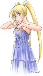 Rule 34 | 1girl, adjusting clothes, adjusting dress, armpits, baorai, bare arms, blonde hair, blue dress, blue eyes, breasts, clothes lift, dress, dress lift, facial mark, from side, genderswap, genderswap (mtf), hands up, lifting own clothes, long hair, looking down, medium breasts, naruko (naruto), naruto, naruto (series), parted lips, sideboob, simple background, solo, standing, surprised, twintails, uzumaki naruto, very long hair, whisker markings, whiskers, white background