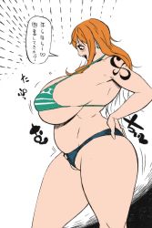 Rule 34 | 1girl, bikini, bonten, breasts, colorized, female focus, highres, huge breasts, long hair, nami (one piece), one piece, orange hair, smil, swimsuit, thick thighs, thighs, third-party edit