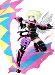 Rule 34 | 1boy, black gloves, black jacket, blonde hair, fire, gloves, green hair, half gloves, jacket, kiharatta, kray foresight, lio fotia, looking at viewer, mad burnish, male focus, pectorals, promare, purple eyes, shorts, simple background, single wing, solo, sword, weapon, white background, wings