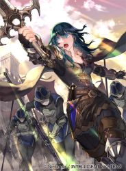 Rule 34 | 1girl, armor, blue eyes, blue hair, byleth (female) (fire emblem), byleth (fire emblem), cape, castle, cloud, company name, copyright name, fingerless gloves, fire emblem, fire emblem: three houses, fire emblem cipher, gloves, helmet, holding, holding sword, holding weapon, medium hair, nintendo, official art, open mouth, outdoors, polearm, sheath, sheathed, sky, suzuki rika, sword, weapon