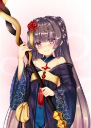 Rule 34 | 1girl, bare shoulders, black hair, blush, braid, commentary request, covered navel, detached collar, eyes visible through hair, facial mark, flat chest, flower, forehead mark, hair flower, hair ornament, hair rings, head tilt, highres, holding, japanese clothes, kimono, long hair, looking at viewer, minaha (playjoe2005), off shoulder, orochihime (sennen sensou aigis), purple eyes, sennen sensou aigis, smile, solo, staff, twin braids, very long hair, wide sleeves