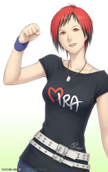 Rule 34 | 1girl, bad id, bad pixiv id, belt, black hair, clothes writing, dead or alive, dead or alive 5, dog tags, fist pump, mila (doa), multicolored hair, multiple belts, ranguage, red eyes, red hair, shirt, short hair, solo, t-shirt, tatchin, two-tone hair, watermark, web address