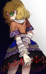 Rule 34 | 1girl, arm warmers, arms behind back, blonde hair, bloomers, from behind, green eyes, highres, ichirugi, looking at viewer, mizuhashi parsee, nail, scarf, shaded face, shirt, short sleeves, skirt, solo, touhou, underwear, white bloomers