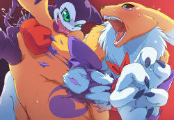 Rule 34 | 68, animal ears, aqua eyes, black sclera, blush, bound, bound wrists, claws, colored sclera, colored skin, cum, demon tail, digimon, digimon (creature), fang, fangs, from behind, furry, green eyes, impmon, licking, long tongue, looking back, nipple slip, nipples, open mouth, purple skin, rape, renamon, sweat, sweatdrop, tail, teeth, tongue, tongue out, torn clothes