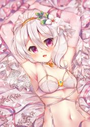 Rule 34 | 1girl, :d, armpits, arms up, bare shoulders, blurry, blurry background, blush, bow, bra, collarbone, commentary request, depth of field, elbow gloves, flower, gloves, grey gloves, hair between eyes, hair flower, hair ornament, highres, kokkoro (princess connect!), lying, navel, on back, open mouth, princess connect!, purple eyes, red bow, red ribbon, ribbon, see-through, sidelocks, silver hair, smile, solo, suzunone rena, underwear, underwear only, upper body, white bra, white flower