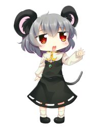 Rule 34 | 1girl, absurdres, ahoge, animal ear fluff, animal ears, artist request, black dress, black footwear, black skirt, black vest, blush, breasts, capelet, chibi, commentary request, cookie (touhou), crystal, derivative work, dress, eyes visible through hair, full body, gem, gold trim, grey dress, grey hair, grey skirt, grey vest, hair between eyes, hand up, highres, jewelry, long sleeves, looking at viewer, medium hair, meme, mouse ears, mouse girl, mouse tail, nazrin, necklace, neta, no nose, nyon (cookie), open mouth, pendant, red eyes, redrawn, shirt, shoes, short hair, simple background, skirt, skirt set, sleeveless, sleeveless dress, small breasts, smile, socks, solo, spread fingers, standing, tail, touhou, transparent background, vest, waving, white capelet, white shirt, white sleeves, white socks