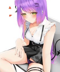 Rule 34 | 1girl, artist request, blush, breasts, cleavage, clothes lift, collarbone, ear piercing, green eyes, hair ornament, hairclip, heart, highres, hololive, long hair, looking at viewer, panties, partially visible vulva, piercing, purple hair, shirt, sitting, skirt, skirt lift, solo, swept bangs, tattoo, thigh strap, tokoyami towa, underwear, virtual youtuber, white shirt