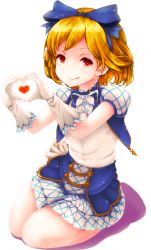 Rule 34 | 10s, 1girl, absurdres, blonde hair, bow, djeeta (granblue fantasy), gloves, granblue fantasy, hair bow, heart, heart hands, highres, honya (maho a), kimi to boku no mirai, looking at viewer, pleated skirt, puffy short sleeves, puffy sleeves, red eyes, ribbon, short hair, short sleeves, simple background, sitting, skirt, solo, tongue, tongue out, white background, white gloves