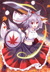 Rule 34 | 1girl, animal ears, autumn leaves, breasts, colored pencil (medium), d:, d:&lt;, detached sleeves, frilled skirt, frills, geta, hat, highres, huge weapon, inubashiri momiji, kittona, large breasts, leaf, long sleeves, looking at viewer, maple leaf, midriff, millipen (medium), navel, open mouth, pom pom (clothes), red eyes, shield, shirt, short hair, silver hair, skirt, slashing, solo, sword, tabi, tail, tengu-geta, tokin hat, touhou, traditional media, undershirt, v-shaped eyebrows, watercolor pencil (medium), weapon, wide sleeves, wolf ears, wolf tail