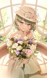 Rule 34 | 1girl, absurdres, artist name, azit (down), bare shoulders, bouquet, collarbone, commentary, detached sleeves, dress, earrings, flower, frilled dress, frills, green hair, grin, hat, hat flower, highres, holding, holding bouquet, indoors, jewelry, korean commentary, kusanagi nene, light particles, looking at viewer, minna de haishin wedding live! (project sekai), necklace, off-shoulder dress, off shoulder, official alternate costume, official alternate hair length, official alternate hairstyle, pearl earrings, pearl necklace, pink flower, pink rose, project sekai, purple eyes, purple flower, purple rose, ribbon, rose, short hair, sidelocks, smile, solo, swept bangs, white dress, white flower, white rose, window, window shadow