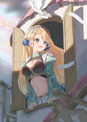 Rule 34 | 1girl, :d, arm support, asymmetrical bangs, atelier (series), atelier marie, atyao-299, bird, black bra, blonde hair, blue eyes, blue sky, bra, breasts, cleavage, coat, commentary request, crop top, day, dove, feathers, from outside, green coat, highres, large breasts, long hair, long sleeves, looking outside, looking to the side, marie (atelier), medium breasts, midriff, navel, open clothes, open coat, open mouth, open window, outdoors, sky, smile, solo, tile roof, underwear, very long hair, window, windowsill
