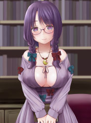 Rule 34 | 1girl, adapted costume, bare shoulders, bespectacled, blurry, book, bookshelf, bow, braid, breasts, cleavage, cleavage cutout, clothing cutout, collarbone, commentary request, crescent, crescent moon, crescent necklace, depth of field, glasses, hair bow, holding, holding book, jewelry, kozue akari, large breasts, library, long hair, looking at viewer, moon, necklace, patchouli knowledge, purple eyes, purple hair, semi-rimless eyewear, smile, solo, touhou, twin braids, under-rim eyewear