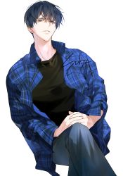 Rule 34 | 1boy, artist name, black hair, black shirt, grey eyes, invisible chair, crossed legs, looking at viewer, male focus, original, own hands together, plaid, plaid shirt, shirt, simple background, sitting, solo, sukja, white background