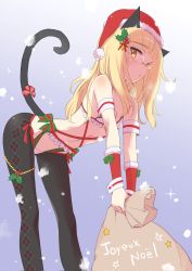 Rule 34 | 1girl, animal ears, aohashi ame, arm warmers, armband, bell, bikini, black pantyhose, blonde hair, blunt bangs, blush, bow, breasts, breath, cat ears, cat tail, christmas, commentary, french text, frilled bikini, frills, fur trim, glasses, hair bell, hair ornament, hat, highres, holding, holding sack, holly, holly hair ornament, leaning forward, long hair, looking at viewer, merry christmas, navel, pantyhose, pantyhose under swimsuit, parted lips, perrine h. clostermann, red hat, ribbon, rimless eyewear, sack, santa bikini, santa hat, small breasts, solo, sparkle, standing, star (symbol), strike witches, swimsuit, symbol-only commentary, tail, tail bow, tail ornament, tail ribbon, thigh strap, translated, white bikini, world witches series, yellow eyes