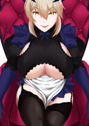 Rule 34 | 1girl, absurdres, artoria pendragon (fate), artoria pendragon (lancer alter) (fate), black thighhighs, blonde hair, breasts, chair, commentary, english commentary, fate/grand order, fate (series), from above, garter straps, hair between eyes, highres, horns, large breasts, looking at viewer, open mouth, sideboob, sidelocks, thighhighs, thighs, underboob, warden jadol 9, yellow eyes