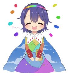 Rule 34 | 1girl, bad id, bad pixiv id, cape, closed eyes, cowboy shot, cropped legs, dress, hairband, happy, highres, light blush, multicolored clothes, multicolored dress, open mouth, poco (zdrq3), purple hair, rainbow gradient, short hair, simple background, smile, solo, tenkyuu chimata, touhou, white background