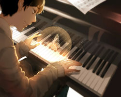Rule 34 | 1boy, animal, brown eyes, brown hair, bug, butterfly, closed mouth, from above, from behind, highres, indoors, bug, instrument, lens flare, male focus, necozzz, original, paper, piano, playing instrument, sheet music, short hair, sitting, smile, solo, sunlight