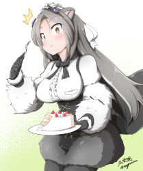 Rule 34 | 1girl, :t, ^^^, animal ears, anteater ears, anteater tail, black hair, bow, bowtie, breast pocket, breasts, bright pupils, brown eyes, cake, center frills, closed mouth, commentary request, corset, cowboy shot, eating, food, food on face, fork, frills, fur sleeves, giant anteater (kemono friends), gloves, grey hair, hair ornament, hand up, holding, holding fork, holding plate, kemono friends, light blush, long hair, long sleeves, looking at viewer, multicolored hair, pantyhose, plate, pocket, puffy long sleeves, puffy sleeves, shirt, shorts, solo, surprised, tail, taurine 8000mg, taut clothes, taut shirt, very long hair, white hair, white pupils, wide-eyed