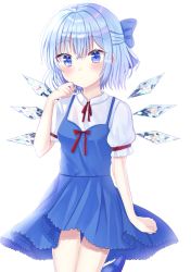 Rule 34 | 1girl, adapted costume, arm at side, arm up, bad id, bad pixiv id, blue dress, blue eyes, blue footwear, blush, bow, breasts, cirno, commentary request, dress, expressionless, feet out of frame, hair between eyes, hair bow, hand on own face, looking at viewer, nibosi, partial commentary, pinafore dress, puffy short sleeves, puffy sleeves, red neckwear, red ribbon, ribbon, shirt, short sleeves, simple background, sleeveless dress, small breasts, solo, standing, standing on one leg, touhou, white background, white shirt, wings