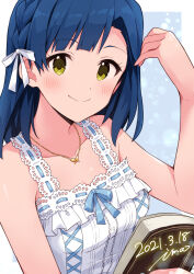 Rule 34 | 1girl, artist name, bare shoulders, blue hair, blue ribbon, blush, book, braid, breasts, butterfly necklace, collarbone, dated, dot nose, dress, eyelashes, hair ribbon, highres, idolmaster, idolmaster million live!, idolmaster million live! theater days, ima (lm ew), jewelry, lace, lace-trimmed dress, lace trim, large breasts, light smile, looking at viewer, nanao yuriko, necklace, official alternate costume, parted bangs, pure onepiece (idolmaster), ribbon, short hair, sidelocks, simple background, single braid, solo, straight hair, upper body, white dress, yellow eyes