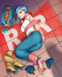 Rule 34 | 1girl, abduction, absurdres, ass, barefoot, bdsm, belly, blue eyes, blue hair, bondage, bound, bound ankles, bound wrists, breasts, bulma, cleavage, cloth gag, denim, dragon ball, dragon ball (object), dragon ball super, dragon radar, earrings, feet, gag, gagged, highres, improvised gag, jeans, jewelry, kidnapped, lipstick, lost one zero, makeup, navel, one eye closed, pants, scarf, shadow, shirt, shoes, unworn shoes, sweat, tape, tape bondage, tickling, toes, white shirt