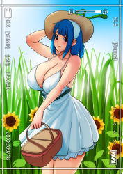 Rule 34 | 1girl, absurdres, bare shoulders, basket, blue hair, blue sky, breasts, cleavage, commentary, day, dress, english commentary, erkaz, flower, grass, halterneck, hand on headwear, hat, highres, holding, holding basket, holding clothes, holding hat, huge breasts, original, photoshop (medium), rina atherina, sky, standing, sunflower, thighs, timestamp, viewfinder, white dress