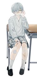 Rule 34 | 1girl, absurdres, bad id, bad pixiv id, bandaid, bandaid on face, bandaid on nose, black footwear, cellphone, chair, closed mouth, collared shirt, eyepatch, full body, highres, iei000, long sleeves, medical eyepatch, original, phone, shirt, shoes, simple background, sitting, skirt, smartphone, socks, solo, sweater, table, white background, white hair, white shirt, white socks, yellow eyes