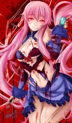 Rule 34 | 1girl, absurdres, alternate costume, black background, blood, blood on breasts, blood on clothes, blood on face, bloody weapon, bra, breasts, cleavage, gasai yuno, grin, highres, katrina lynn, long hair, looking at viewer, mirai nikki, pink eyes, pink hair, red background, smile, solo, torn clothes, underwear, very long hair, weapon