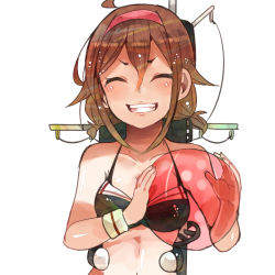 Rule 34 | 10s, 1girl, adapted costume, alternate hairstyle, ball, beachball, bikini, breasts, brown hair, closed eyes, grin, hairband, itomugi-kun, kantai collection, machinery, red hairband, shiratsuyu (kancolle), short twintails, simple background, small breasts, smile, smokestack, solo, swimsuit, twintails