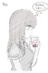 Rule 34 | 1girl, 7 calpis 7, :o, blush stickers, breasts, rabbit hair ornament, collared shirt, commentary request, cup, dated, drink, drinking glass, drinking straw, greyscale, hair ornament, holding, holding cup, long hair, monochrome, original, parted lips, profile, school uniform, shirt, short sleeves, simple background, sketch, small breasts, solo, spot color, sweater vest, translation request, upper body, white background