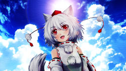 Rule 34 | 1girl, animal ears, bare shoulders, blue sky, breasts, cloud, day, derivative work, detached sleeves, hat, inubashiri momiji, lapres, leaf, looking up, maple leaf, open mouth, pom pom (clothes), red eyes, shield, short hair, silver hair, sky, solo, tail, tokin hat, touhou, wallpaper, wide sleeves, wolf ears, wolf tail