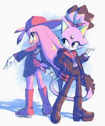 Rule 34 | 2girls, :&lt;, alternate costume, animal ears, animal nose, arm at side, back-to-back, backwards hat, baseball cap, beak, bird tail, black footwear, black jacket, black pants, blaze the cat, blue background, body fur, boots, bottomless, casual, cat ears, cat girl, cat tail, closed mouth, colored tips, converse, crop top, female focus, flat chest, forehead jewel, from behind, full body, furry, furry female, gem, gloves, hair through headwear, hair tie, half-closed eyes, hand in pocket, hand up, happy, hat, highres, jacket, knee boots, long hair, long sleeves, looking at another, looking at viewer, looking back, multicolored hair, multiple girls, nano (nanolovesyou), open clothes, open jacket, outstretched arm, oversized clothes, oversized shirt, pants, purple fur, purple hair, red footwear, red gemstone, red headwear, red shirt, shirt, short hair, smile, sonic (series), standing, star (symbol), tail, thighs, topknot, two-tone fur, very long hair, wave the swallow, white fur, white gloves, yellow eyes, zipper, zipper pull tab