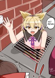 Rule 34 | !, !!, 2024 new york city jewish tunnels, 2girls, ^^^, absurdres, artist name, black sailor collar, blonde hair, brick wall, commentary, dekapm0048, english commentary, english text, grate, hakurei reimu, hand up, highres, looking at viewer, meme, multiple girls, open mouth, pink shirt, pointy hair, sailor collar, sewer grate, shirt, sleeveless, sleeveless shirt, smile, solo focus, speech bubble, touhou, toyosatomimi no miko, waving, yellow eyes