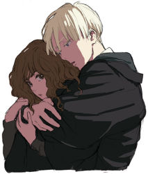 Rule 34 | 1boy, 1girl, backlighting, bad id, blonde hair, brown hair, colored eyelashes, couple, draco malfoy, from side, harry potter (series), heads together, hermione granger, hetero, hogwarts school uniform, hug, hug from behind, maiko (setllon), school uniform, simple background, wavy hair, white background, wizarding world