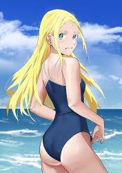 Rule 34 | 1girl, absurdres, ass, blonde hair, blue eyes, blue sky, breasts, cloud, competition school swimsuit, day, from behind, highres, horizon, hyugorestion, kofune ushio, long hair, looking at viewer, ocean, outdoors, parted lips, school swimsuit, sky, small breasts, solo, summertime render, swimsuit