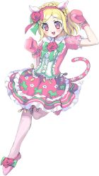 Rule 34 | 1girl, :d, animal ears, arm up, bad id, bad twitter id, blonde hair, blush, braid, crown braid, dress, fake animal ears, flower, frilled dress, frills, full body, green ribbon, hairband, hand up, happy birthday, idol clothes, long hair, mdr onj1807, midorikaze fuwari, mittens, open mouth, pink dress, pink flower, pink footwear, pink mittens, pink rose, pretty series, pripara, red hairband, ribbon, rose, shoes, simple background, smile, solo, standing, standing on one leg, swept bangs, tail, transparent background