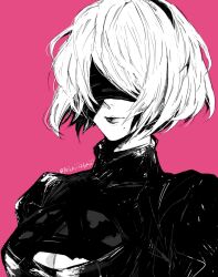 Rule 34 | 1girl, black blindfold, blindfold, clothing cutout, greyscale with colored background, hairband, highres, mole, mole under mouth, nier (series), nier:automata, nishiii26miii, pink background, short hair, simple background, solo, white hair, 2b (nier:automata)