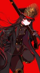 Rule 34 | 1girl, artist name, black coat, black hair, buttons, cape, coat, collared cape, crest, family crest, fate/grand order, fate (series), gun, hat, highres, long hair, looking at viewer, medallion, military hat, musket, oda nobunaga (fate), oda uri, peaked cap, red background, red eyes, red theme, solo, twitter username, very long hair, weapon, yui (tamagohan)