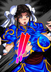 Rule 34 | 1girl, breasts, brown eyes, brown hair, capcom, chinese clothes, chun-li, cleavage, female focus, highres, huge breasts, large breasts, open mouth, pantyhose, raisuta, short hair, street fighter, text focus, translation request