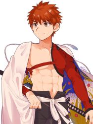 Rule 34 | 1boy, abs, bad id, bad twitter id, emiya shirou, fate/grand order, fate (series), japanese clothes, male focus, senji muramasa (fate), shitappa, simple background, smile, solo, standing, type-moon, white background