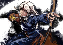 Rule 34 | 1girl, arrow (projectile), blood, blue eyes, bow (weapon), drawing bow, female focus, holding bow (weapon), injury, kouzilow, long hair, mouth hold, silver hair, solo, standing, touhou, weapon, yagokoro eirin