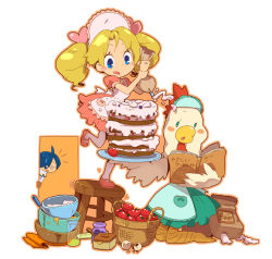 Rule 34 | 1girl, ahoge, apron, aqua eyes, bag, basket, bird, blonde hair, blue eyes, blue hair, blush stickers, cake, chicken, eggshell, food, fruit, glasses, kneeling, maid, maid apron, mary janes, matching hair/eyes, mixing bowl, paper bag, pastry, pastry bag, pince-nez, poison, puchi puchi virus, shoes, simple background, skull and crossbones, solo, stool, strawberry, twintails, ukke, white background
