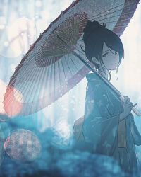 Rule 34 | 1girl, bamboo, bamboo forest, black eyes, black hair, blurry, blurry background, closed mouth, commentary request, flower, forest, grey kimono, hair bun, highres, holding, holding umbrella, hydrangea, japanese clothes, kimono, lens flare, looking at viewer, nature, obi, oil-paper umbrella, oka kojiro, original, sash, scenery, short hair, solo, standing, umbrella, wide sleeves